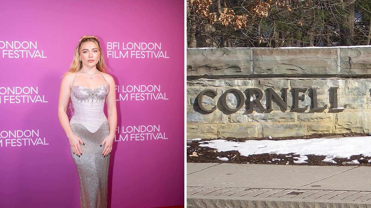 Florence Pugh beside the stone Cornell University sign on West Campus in Ithaca