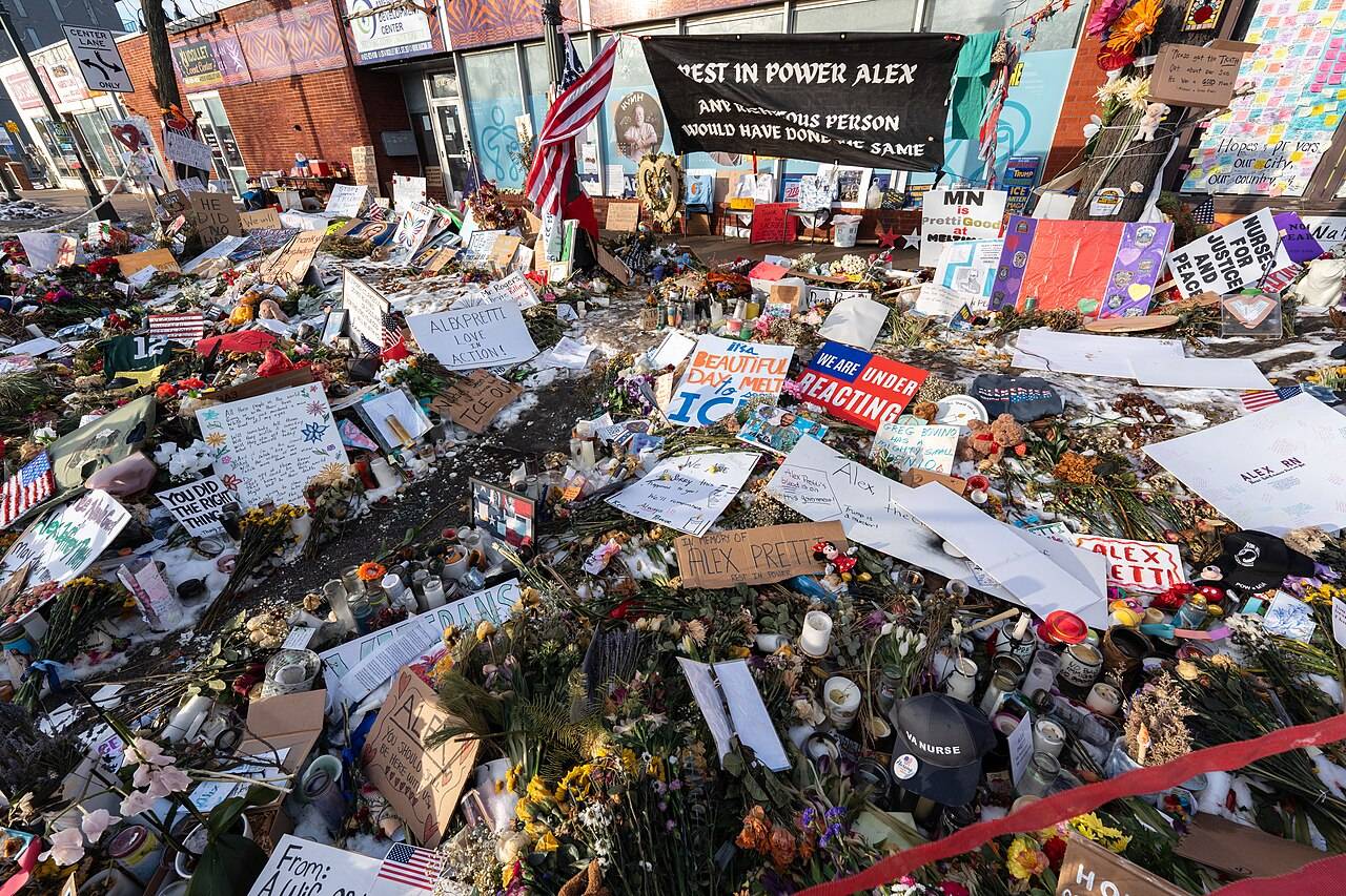 Memorials to Alex Pretti on Nicollet Avenue in Minneapolis, Minnesota