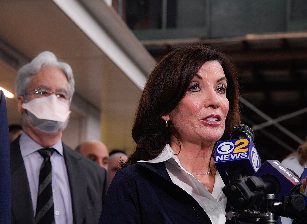 New York Gov. Kathy Hochul speaking at a podium