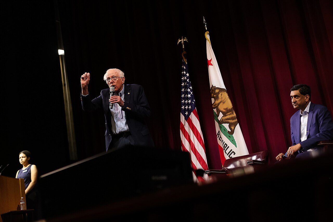 Sen. Bernie Sanders speaks at Stanford University as Rep. Ro Khanna listens, February 2026