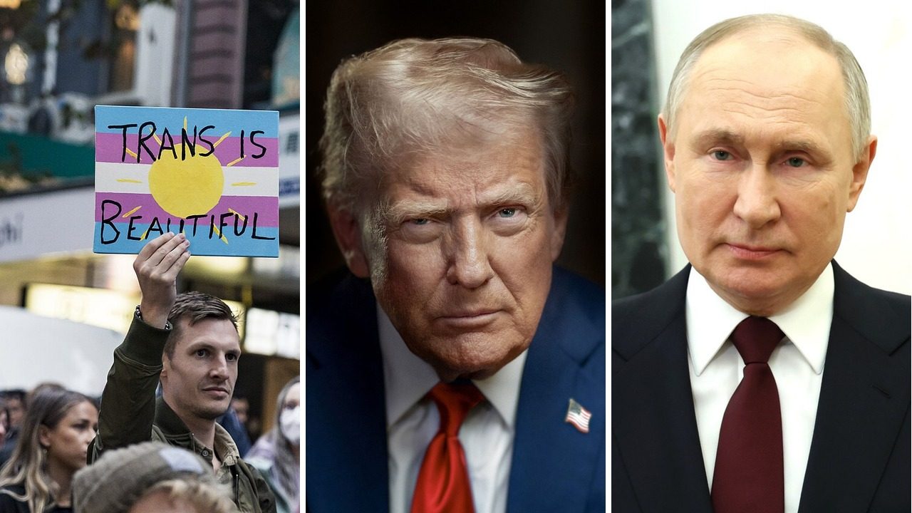 Sign reading Trans Is Beautiful at a 2023 rally, beside official portraits of Donald Trump and Vladimir Putin