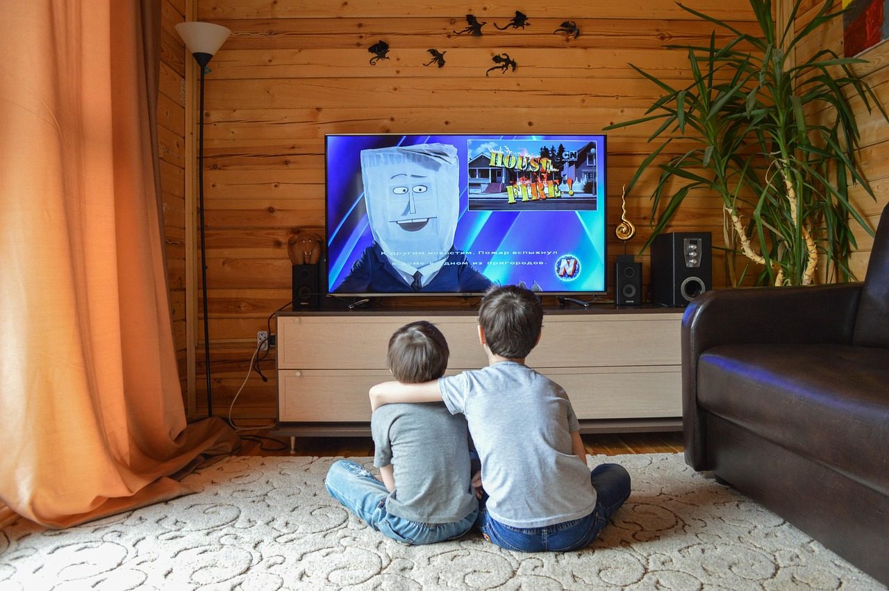 Two young children watching cartoons on a living room television