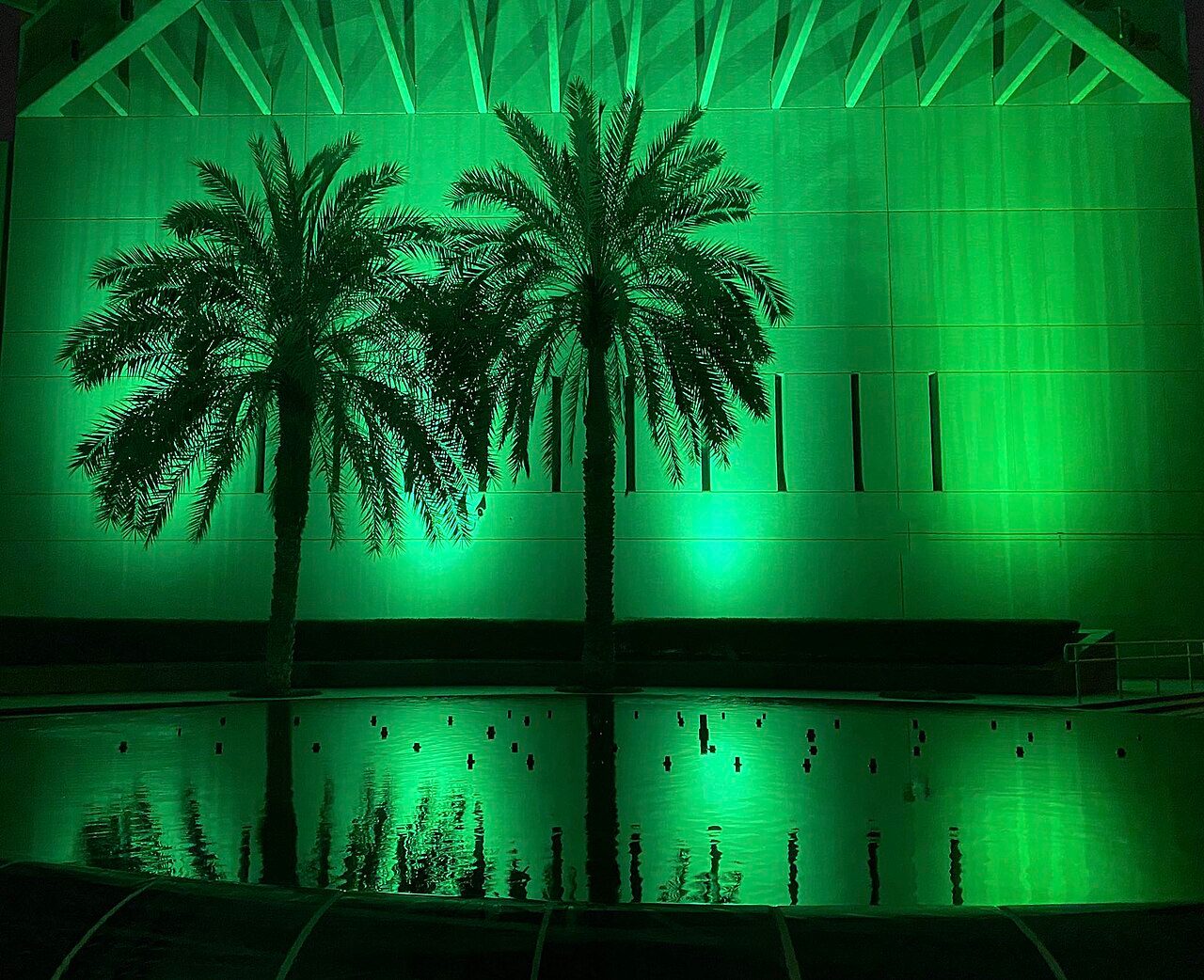 The U.S. Embassy in Riyadh, Saudi Arabia, lit green at night