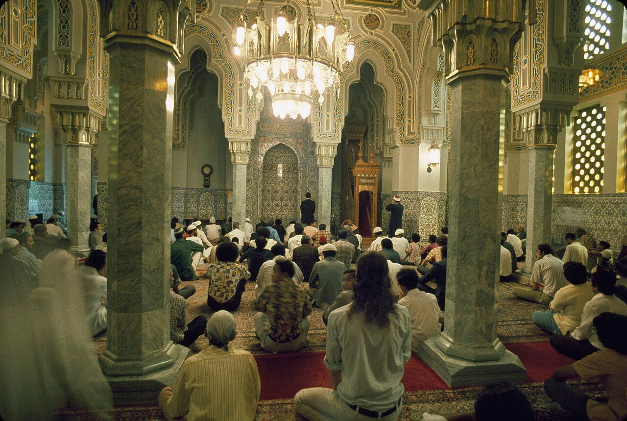 Worshipers praying inside the Islamic Center of Washington, D.C., in a U.S. Information Agency photo